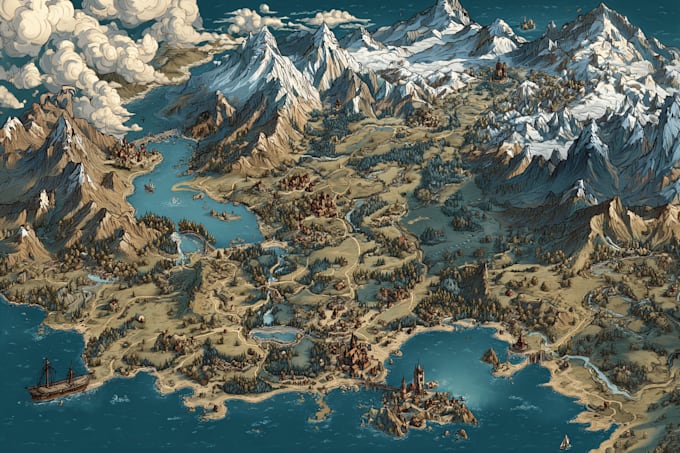 do line art fantasy map illustration