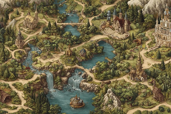 do cartoon fantasy map illustration, doodle hand drawn