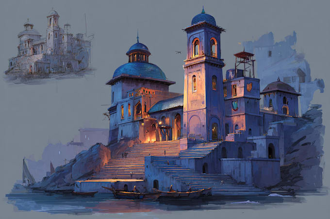 paint fantasy and sci fi concept art environments, buildings