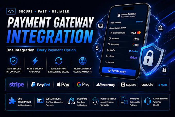 integrate payment gateway stripe, paypal, apple pay, google pay for your website