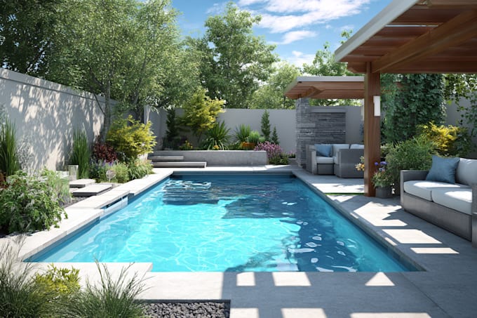 do modern landscape rendering, backyard, pool patio,