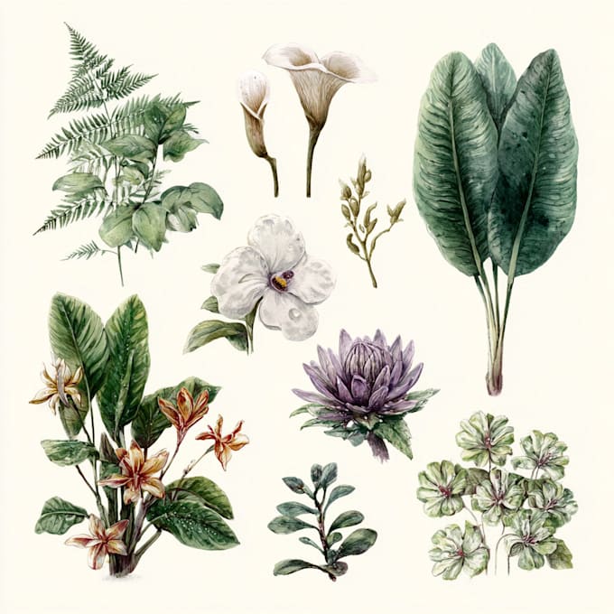 line art illustrations, botanical flowers, plants
