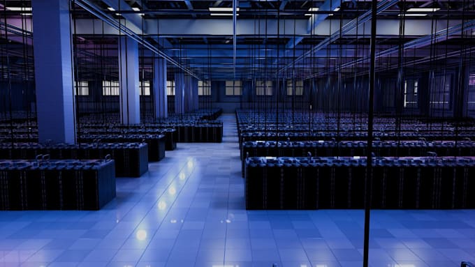 create 3d realistic render for ai data center, 3d warehouse, 3d storage room