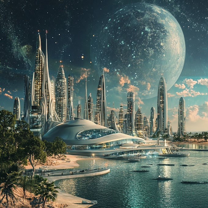 Draw a fantasy science fiction city, cyberpunk game art illustration by ...