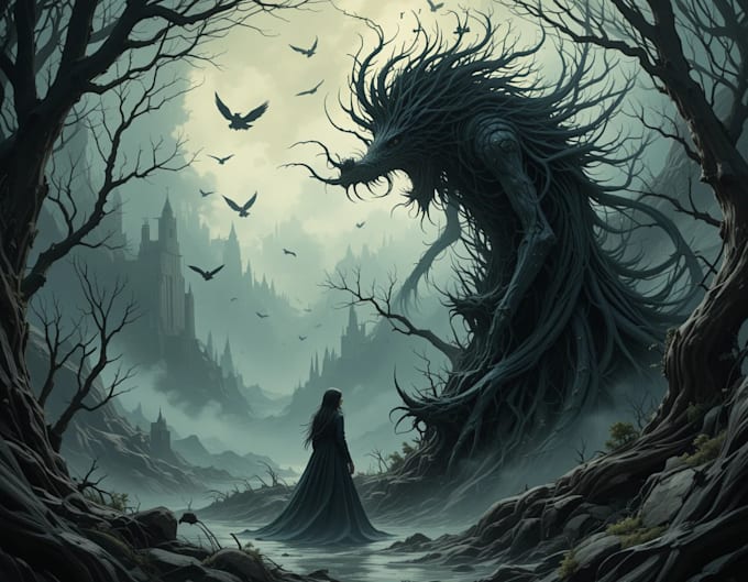 create book illustrations for mystical stories in dark style