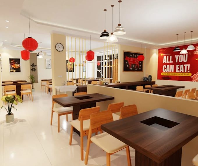 Change restaurant interior design,commercial space,wall art,table ...