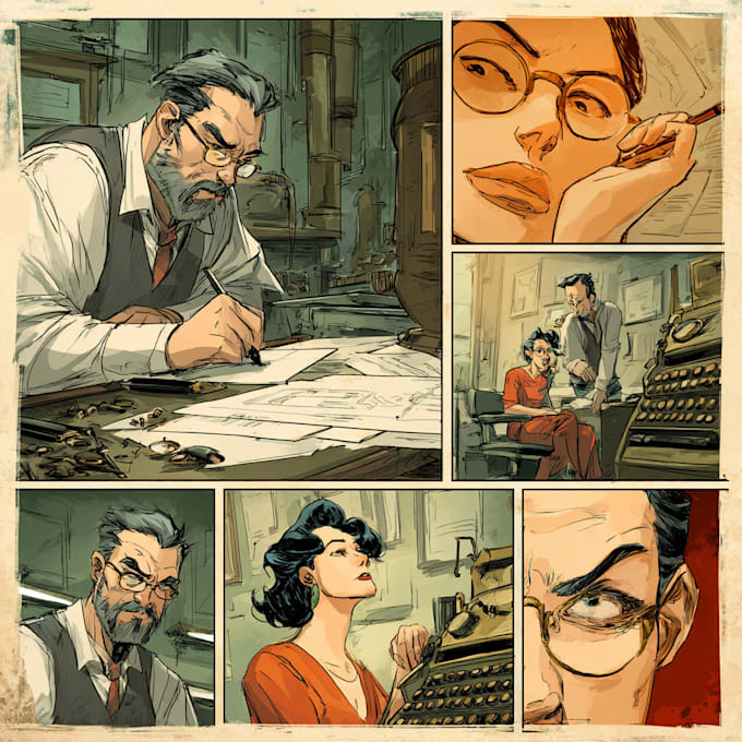script comic book illustration, comic book page webtoon vintage retro comic art