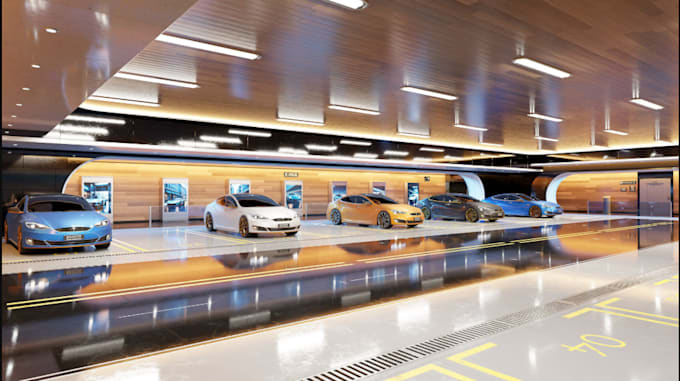 render 3d interior car park, garage, underground park, motor park, car studio