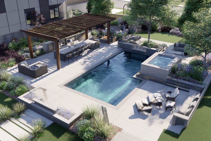 do modern landscape rendering, backyard, pool patio, garden