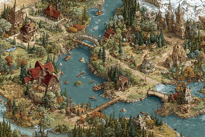 make a design fantasy map illustration fantasy city map