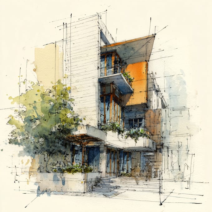 sketch architecture building with watercolor rendering