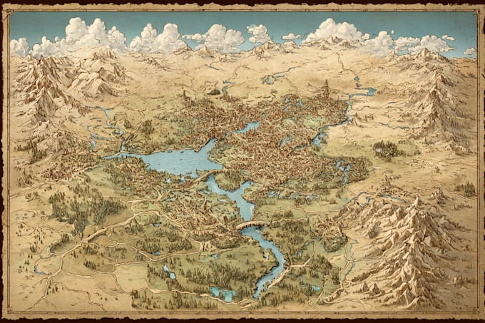 make a line art fantasy map illustration
