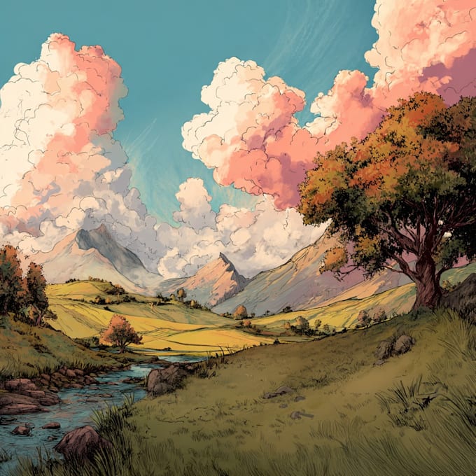 draw landscape illustration in colored