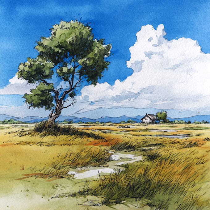 draw landscape sketch watercolor and ink