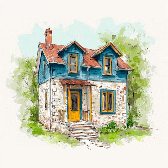 draw house illustration watercolor style