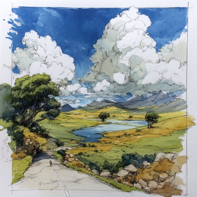 Hand draw landscape sketch watercolor and ink by Flibomo | Fiverr