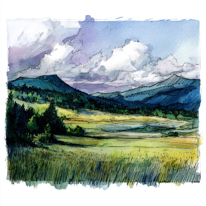 Hand draw landscape sketch watercolor and ink by Xeolihopper | Fiverr