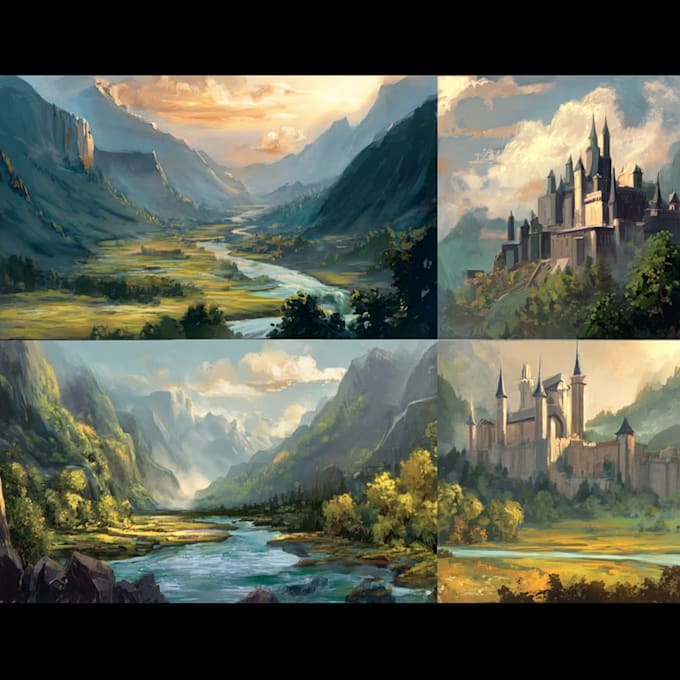 illustrate environments, landscapes, board game, concept art