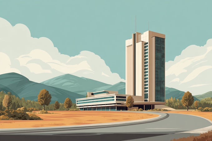 draw a building, landscape into vector art illustration
