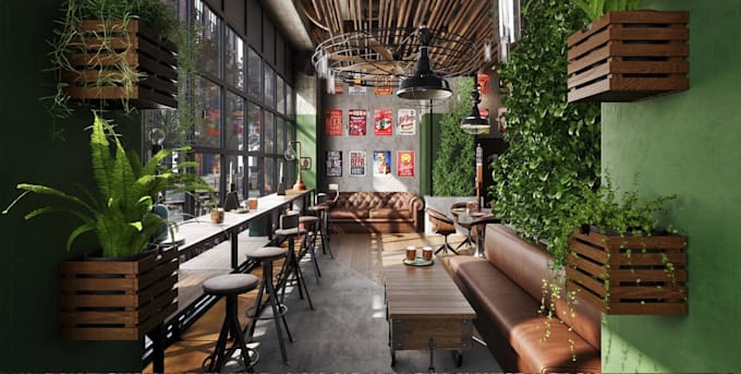 elevate 3d coffee shop, interior restaurant design,cafe,bar,loudge,3d rendering