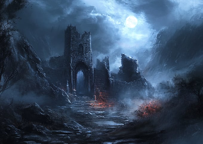 do mystical horror dark environment concept art or landscape