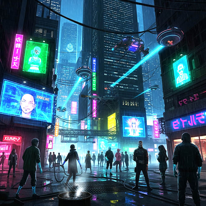 make a cyberpunk city style art any project for you