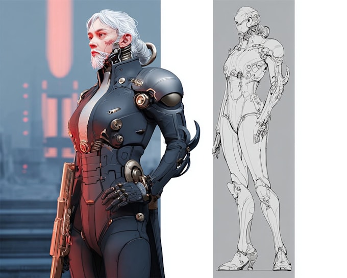 design futuristic sci fi mecha robots and pilots cyberpunk