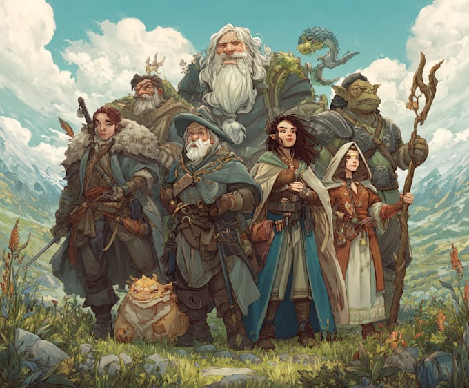 create a dnd party character, fantasy, illustration
