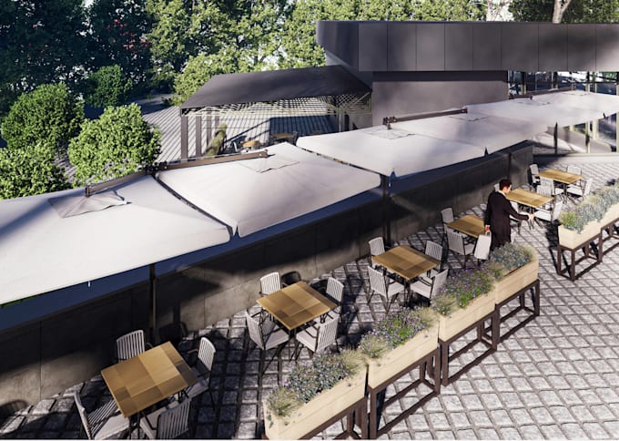 elevate ecofriendly restaurant exterior, interior, dining render,3d pergola bar