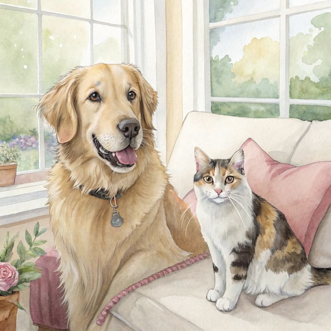 Draw custom watercolor pet portrait dog cat family portrait by Iasehana ...