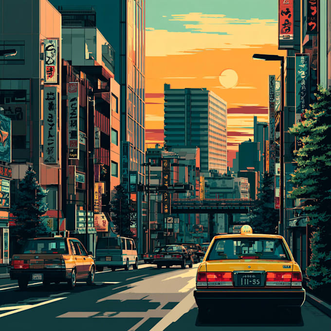 create retro japanese city pop 80s illustration