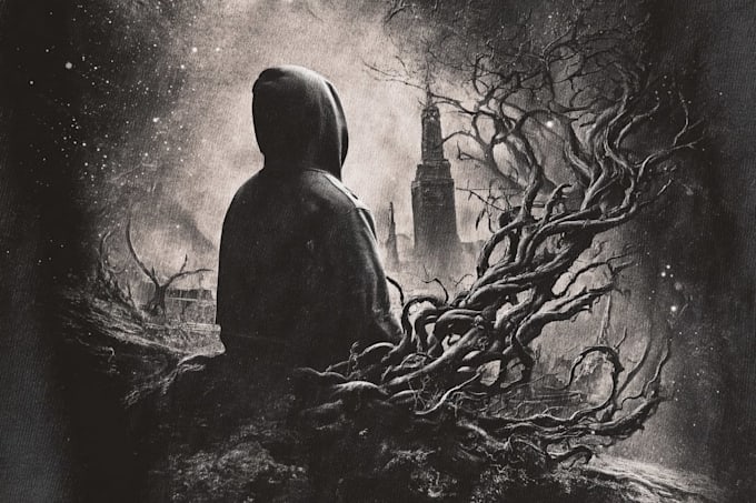 draw a custom dark surrealism for apparel