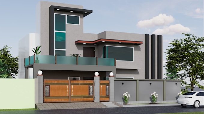 redesign 3d house elevation, villa facade design, landscape exterior, skp model