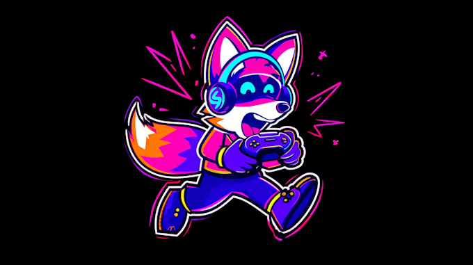 create a cool neon cartoon fox gamer mascot logo