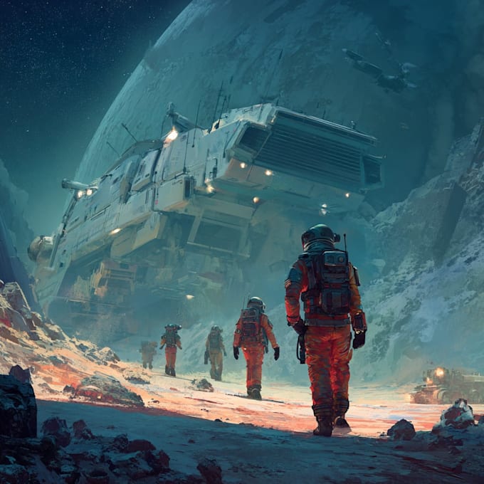 draw epic sci fi artwork with spaceships and planets