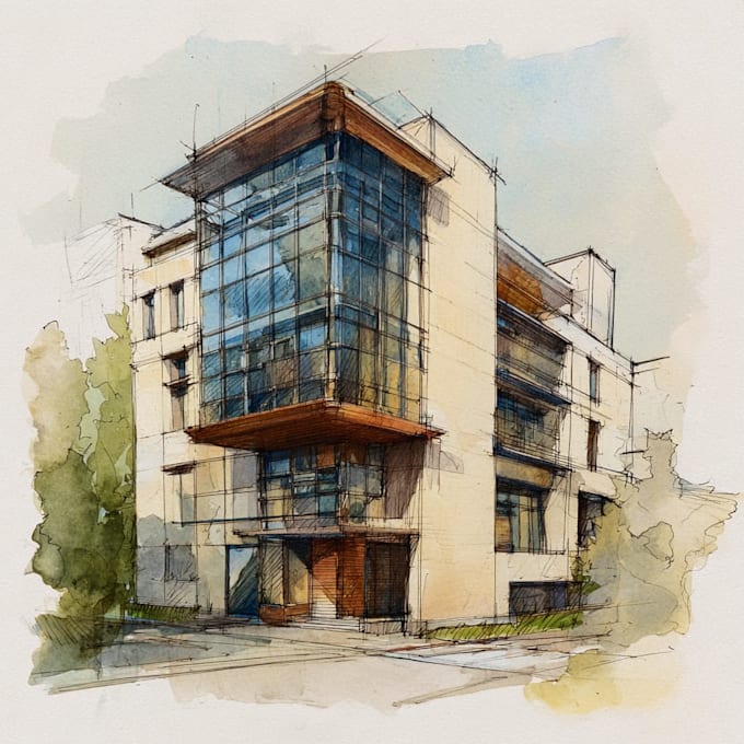 sketch architecture building with watercolor rendering