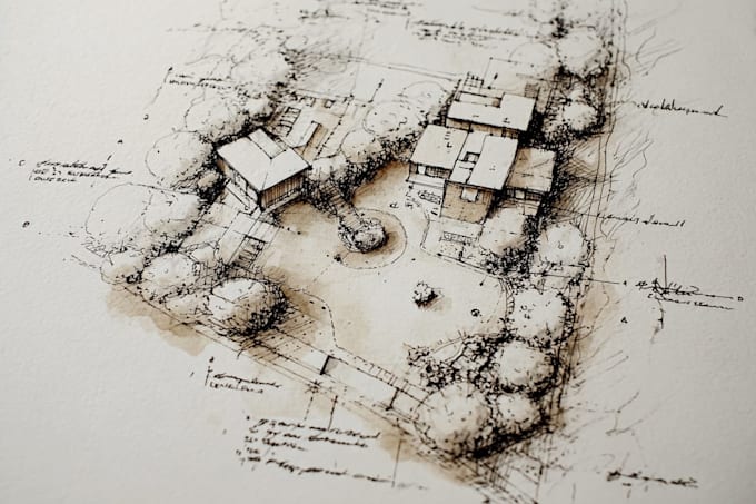draw landscape sketch, architectural site plan, map