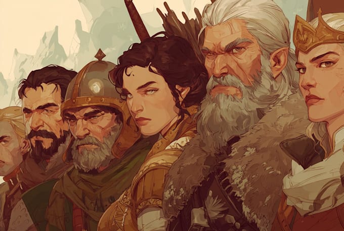 illustrate dnd party for history book design
