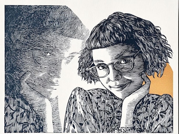draw a portrait drawing in linocut illustration
