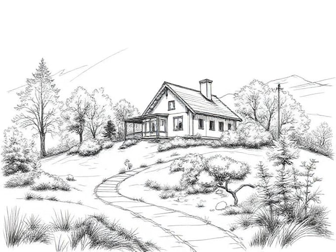 sketch landscape, house or building