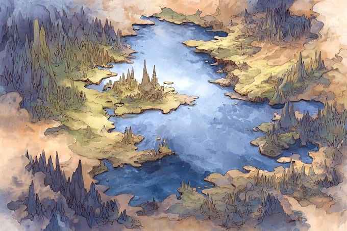 do a watercolor fantasy map or souvenir map illustration