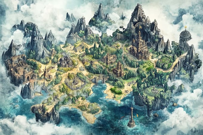 hand draw a fantasy map with digital watercolours