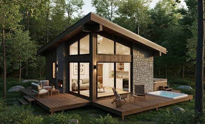 create architectural rendering, tiny house design, small home, model, cabin rend