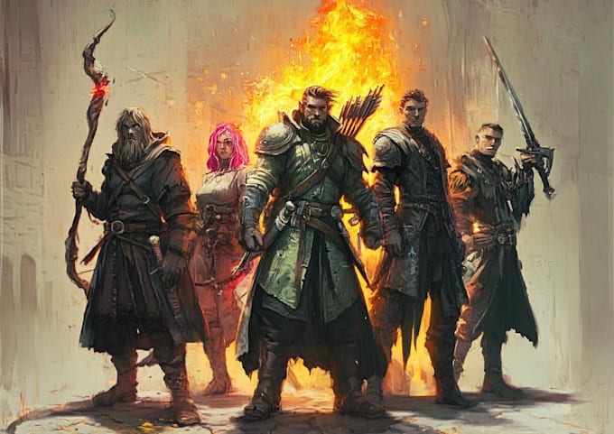 a dnd character art and dnd party, game fantasy