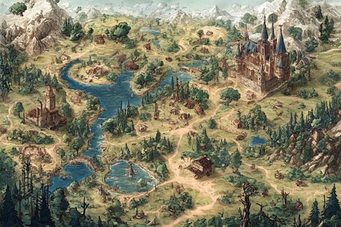 create a unique fantasy land map in a hand drawn style