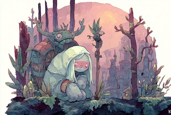 draw a fantasy illustration in a definite style