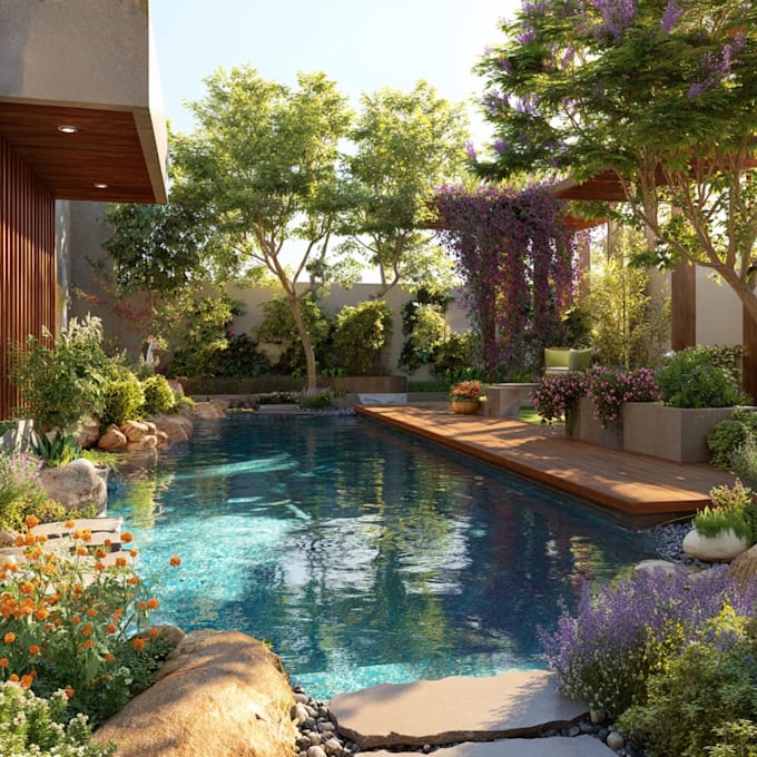 do landscape design,  design, backyard, pool and terrace