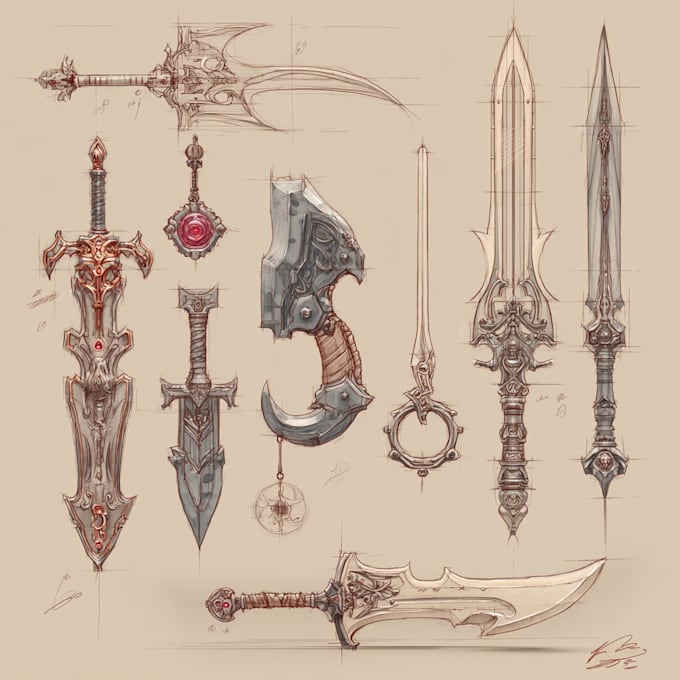 draw custom fantasy dnd weapons art and props