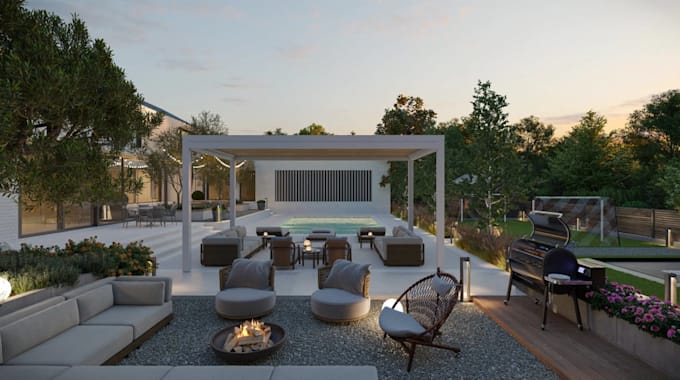 visualize residential garden, landscape layout, kids playground design, veranda