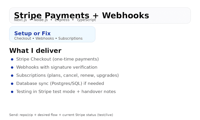 setup stripe, checkout webhooks and subscriptions
